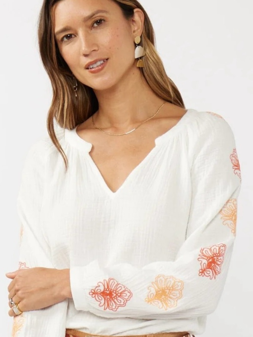 lovestitch White Gauze V-Neck Blouse with Orange Sleeve Embroidery